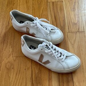 Veja Women's White and Tan Smooth Leather Sneakers